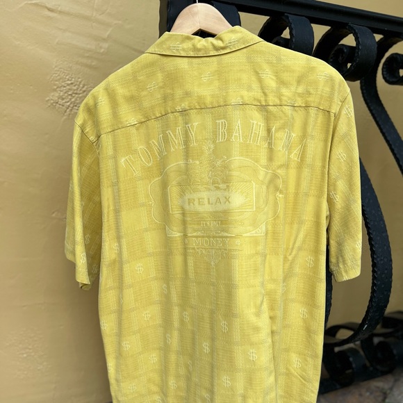 Tommy Bahama Men's Silk Camp Shirt Relax It's Only Money, Mustard Yellow Medium - Picture 2 of 6